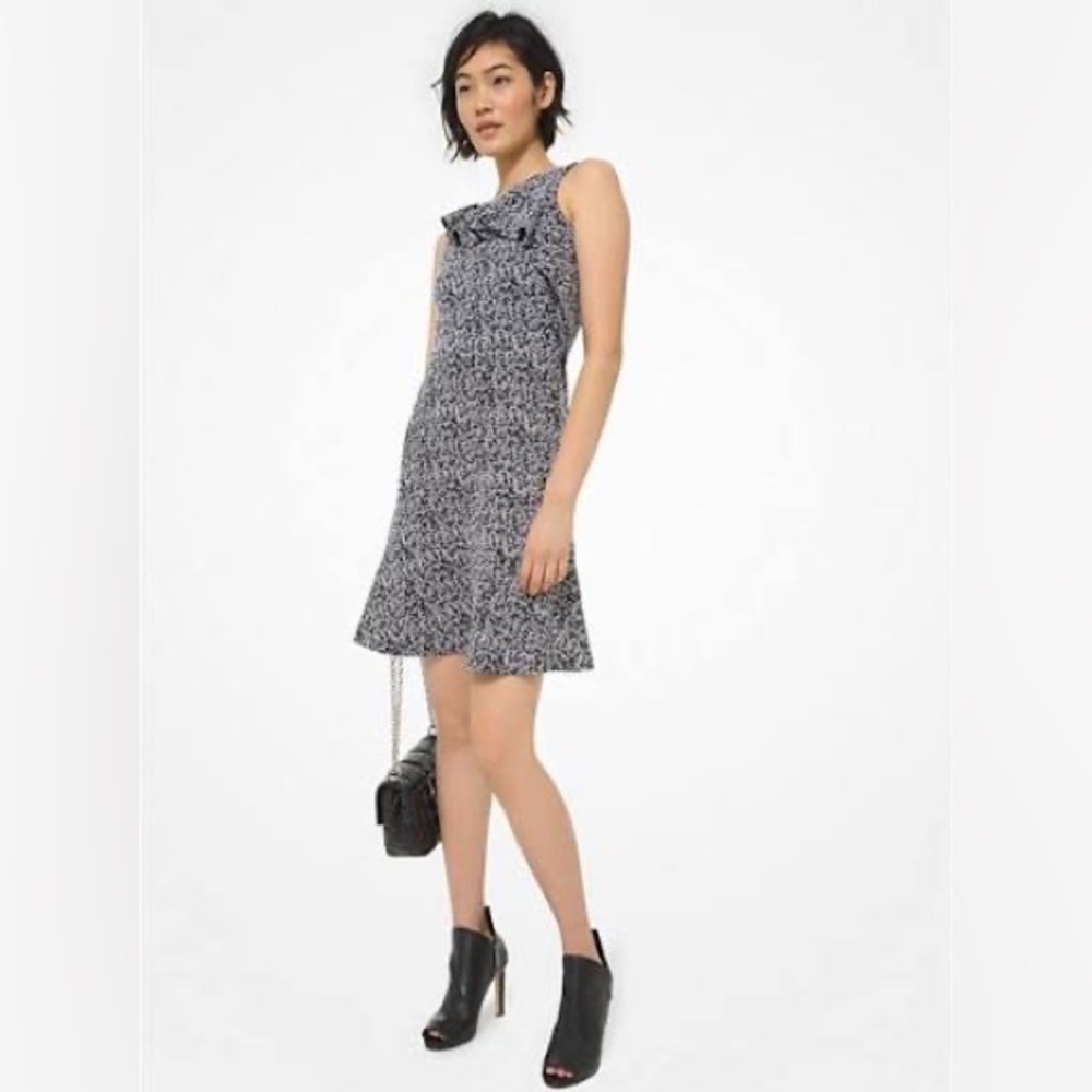 Michael Kors Black and White Printed Sleeveless A-Line Dress